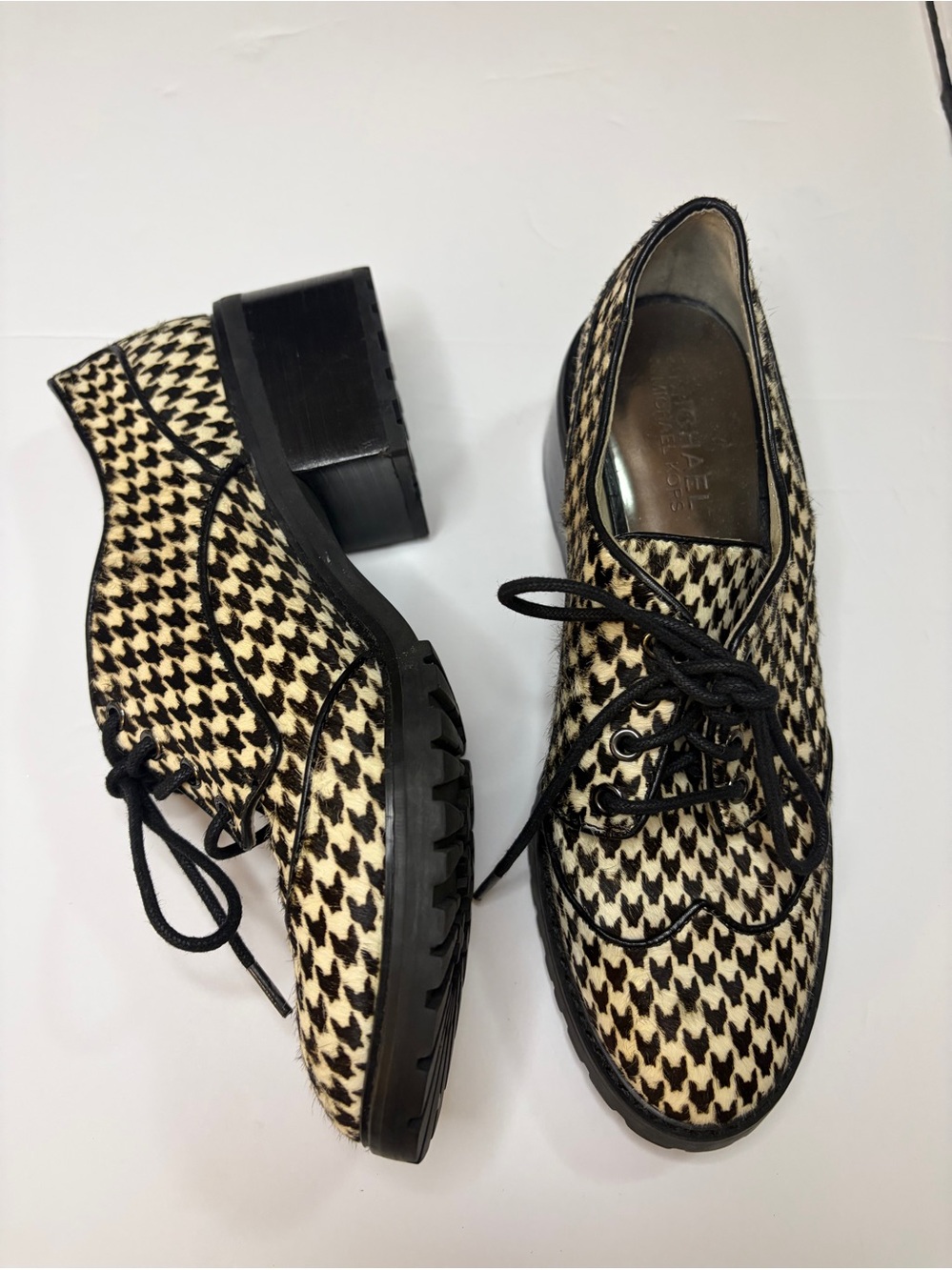 Michael Kors Black & Cream Houndstooth Lace-Up Boots